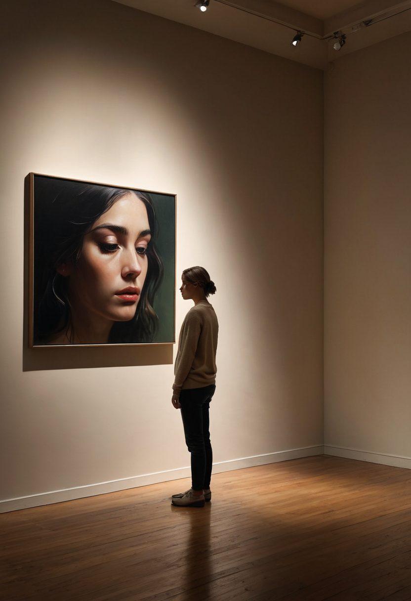 A dimly lit art gallery featuring sorrowful yet captivating paintings, with a lone spotlight illuminating a poignant piece on the wall. Shadows softly envelop the other artworks, enhancing their emotional depth. A viewer stands thoughtfully in the foreground, absorbing the atmosphere. Soft, muted color palette with hints of light breaking through darkness to symbolize hope. atmospheric, super-realistic, moody lighting.