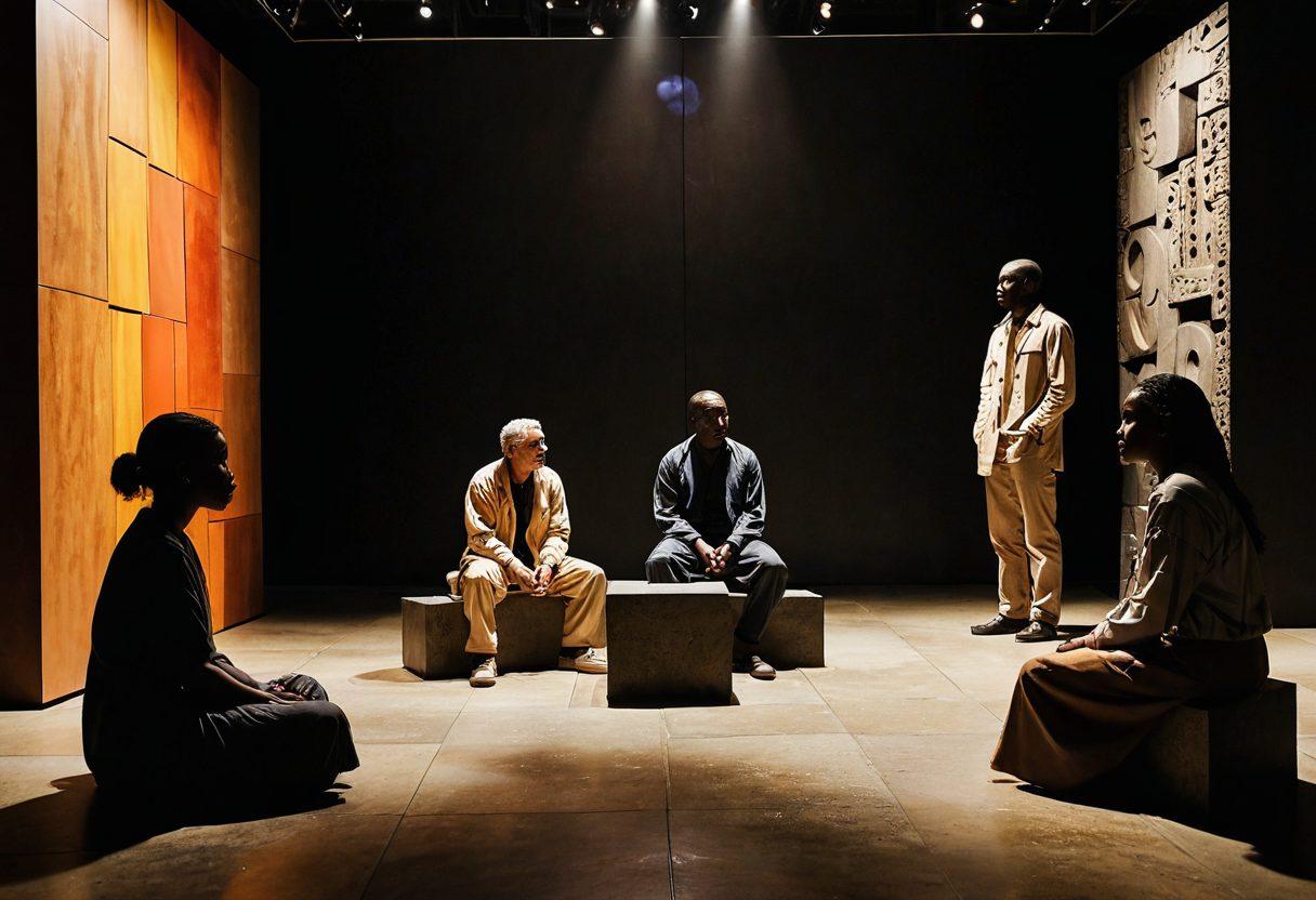 A captivating scene inside the Barbican Cultural Space, showcasing a diverse group of people immersed in deep conversations about art and pain. The setting is filled with striking sculptures and thought-provoking installations, bathed in warm, moody lighting to evoke emotions. Include a backdrop of abstract artwork symbolizing unhappiness and beauty intertwining. The atmosphere should convey both struggle and serenity, inviting the viewer to reflect. super-realistic. warm tones. thought-provoking composition.